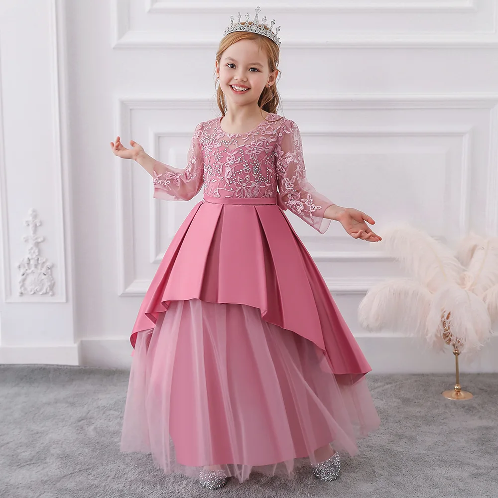 

4-12 Years Old Children Dress Girls Long Sleeved Princess Dress Satin Party Costume Elegant Girls High-end Venue Dress