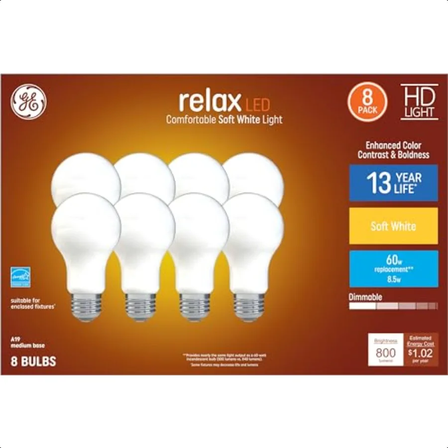 

Relax 8Pack 60 W Equivalent Dimmable Soft White A19 LED Light Fixture Light Bulbs