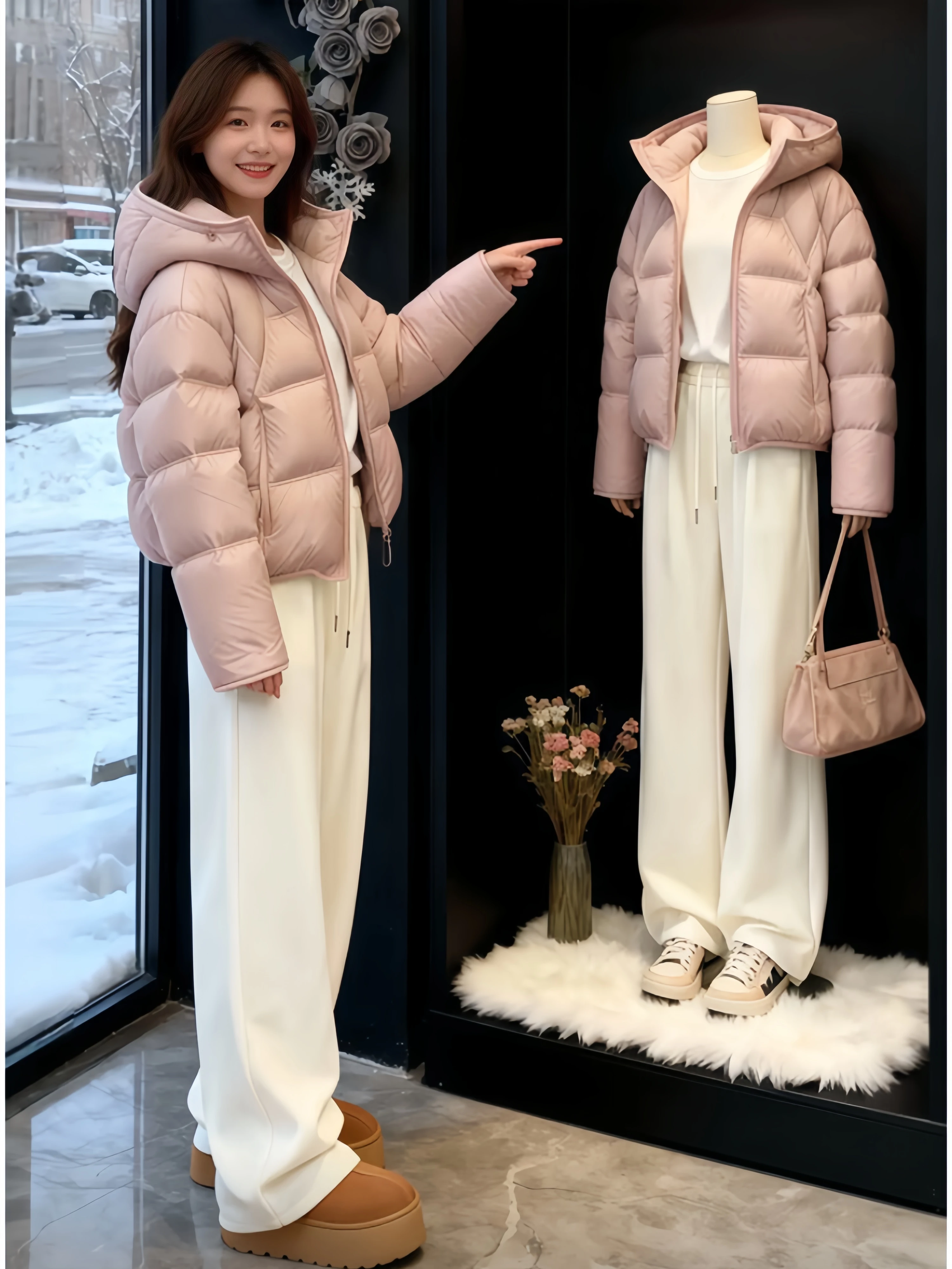 

Stylish Pure Color Winter Fashion Set with down Cotton Jacket And Wide Leg Pants High Waist Long Pants Thermal Thickened Casu...