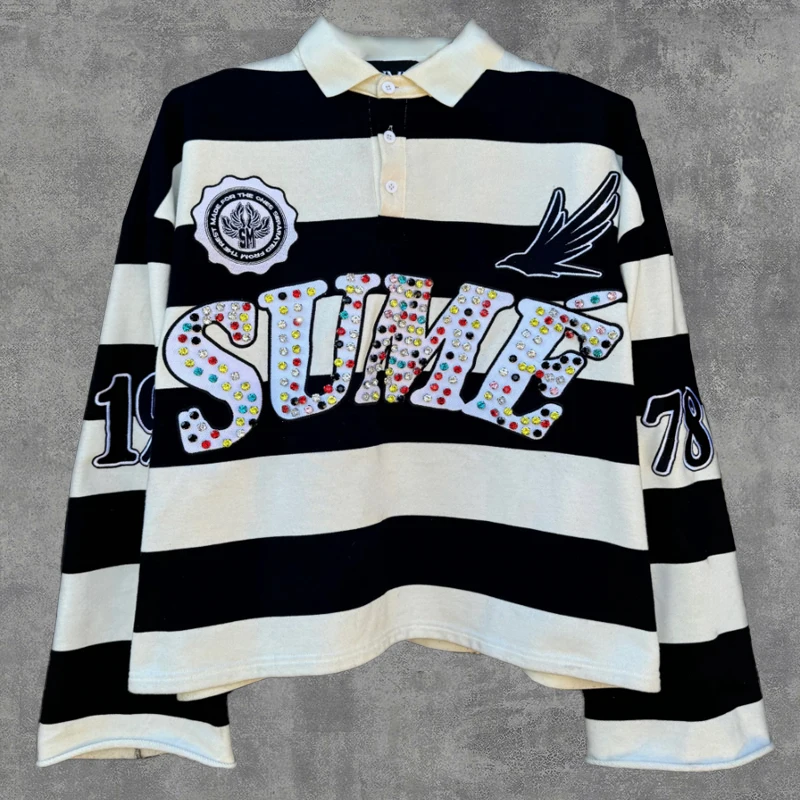 

y2k retro classic men and women long sleeve shirt two-piece set of fashion 3D printing diamond embroidered striped polo shirt