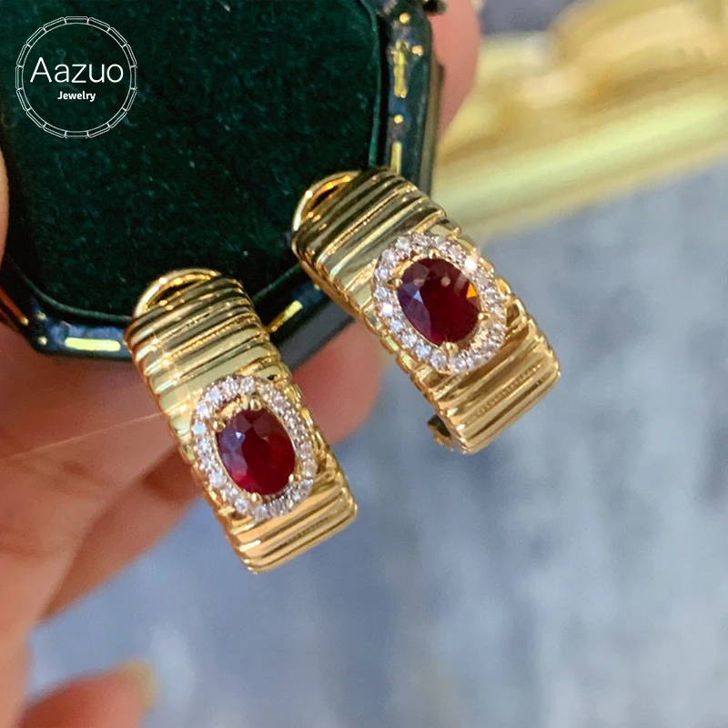 Aazuo Real Jewelry 18K Yellow Gold Real Natrual Ruby Real Diamonds Luxury Jewelry Set Hook Earring Gift For Women Wedding Party