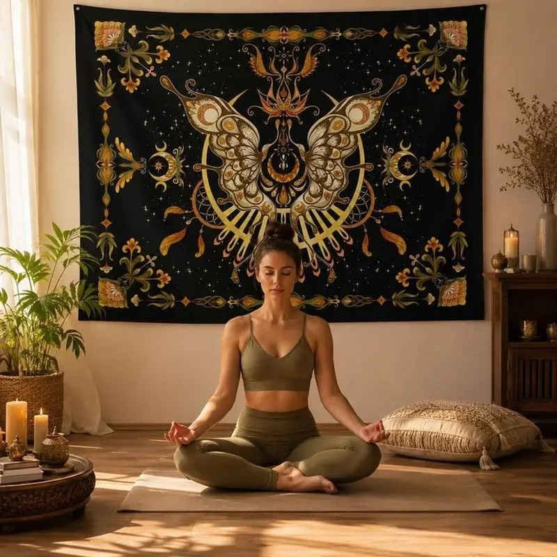 VIKAMA Moth Moon Star Tapestry Boho Floral Mystic Polyester Wall Hanging Aesthetic Meditation Bedroom Dorm Home Decor