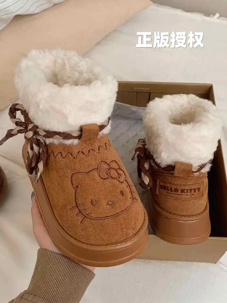 Miniso Hello Kitty Snow Boots Sanrio Winter Y2k Warm Cotton Shoes Cartoon Girl Outdoor Fashion Thick Bottom Non Slip Short Boot