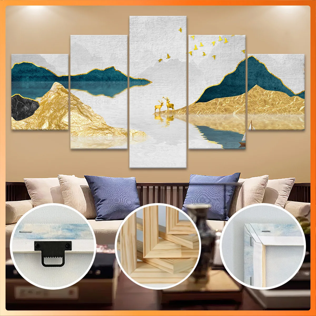 

5pcs Wooden Framed Canvas, Golden Deer Mountain Reflection, Fashion Poster, Art for Home Decoration, Pattern Wall Art