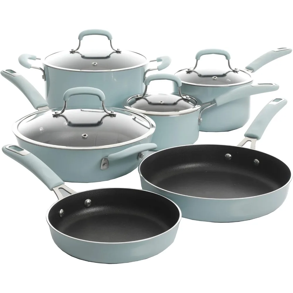 Elite Andover Nonstick Platinum Forged Aluminum Cookware Set, 10-Piece, Glacier Blue