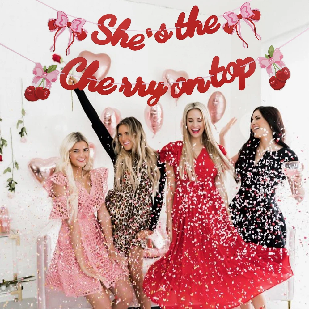 

Cherry Birthday Decorations She's The Cherry On Top Banner Hanging Swirl Baby Shower Red Pink Cherry Bachelorette Party Supplies