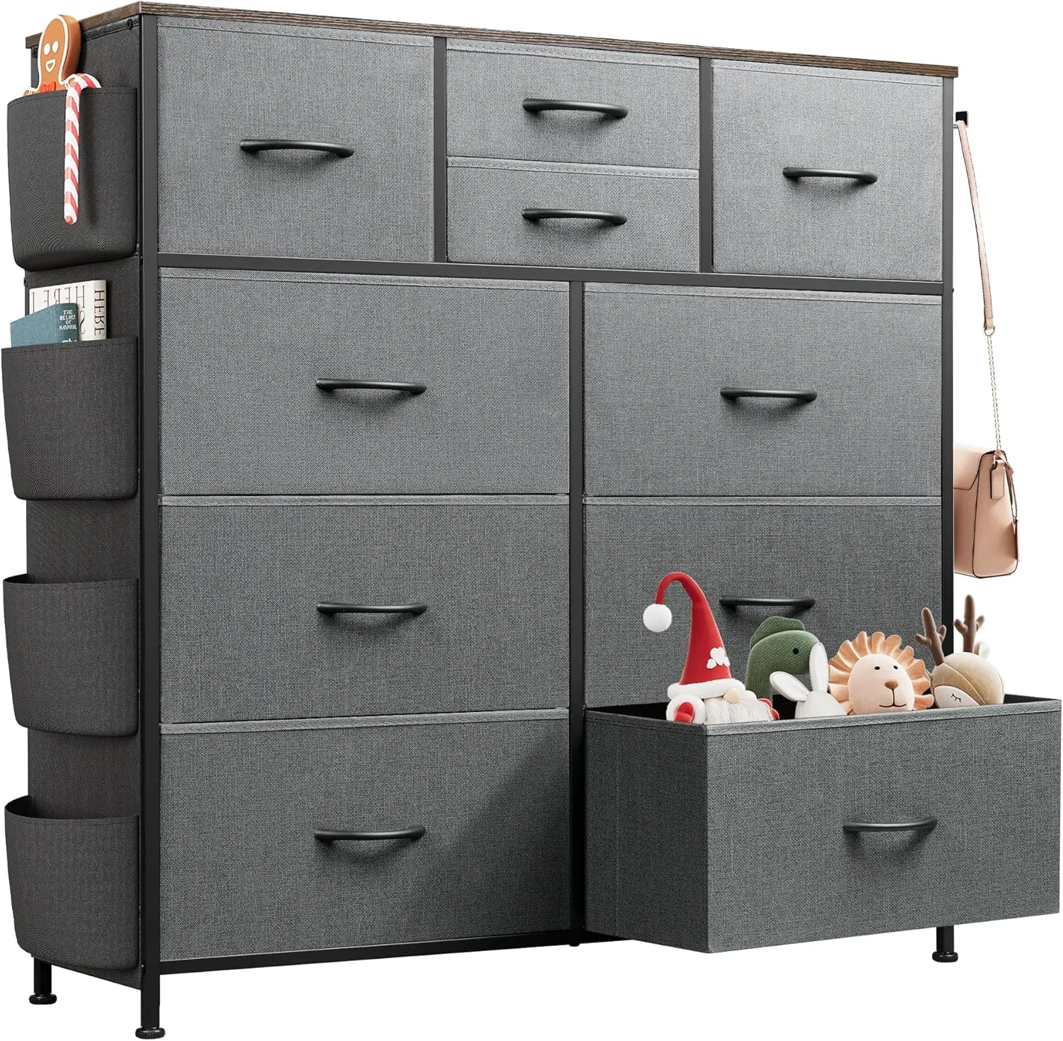 

Dresser for Bedroom with 10 Drawers Fabric Dresser Chest of Drawers with Side Pockets and Hooks Sturdy Metal Frame Drawers Organ