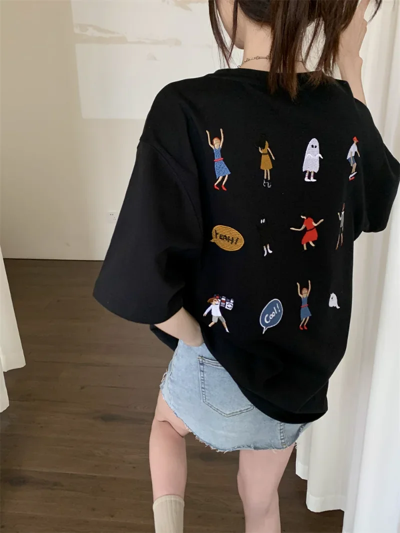 Couple Graphic T-shirt Women\'s New Summer Korean Cartoon Print Loose Short Sleeve Y2k Top Harajuku Streetwear O-neck Tees Trendy