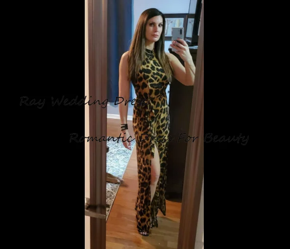 Vestido de cóctel Sexy de una línea para mujer, cuello Halter, leopardo sin mangas con abertura lateral alta, hasta el suelo, vestidos formales de fiesta de noche