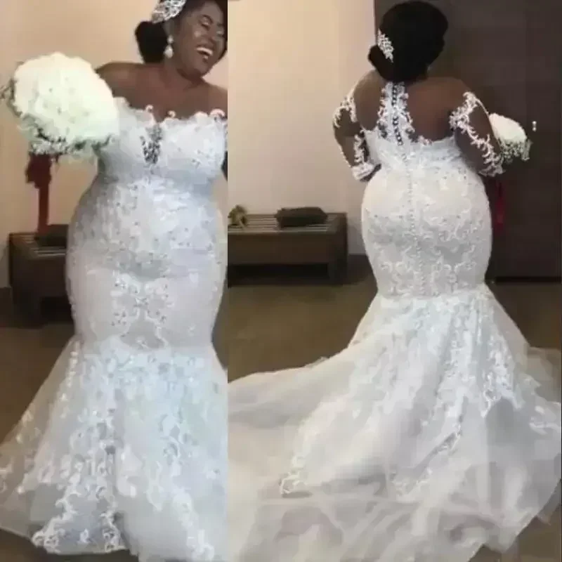 Customized African Mermaid Wedding Dresses Luxury Beaded Lace Appliques Long Sleeve Bridal Gowns Sexy Sheer Scoop Plus Size Wedd
