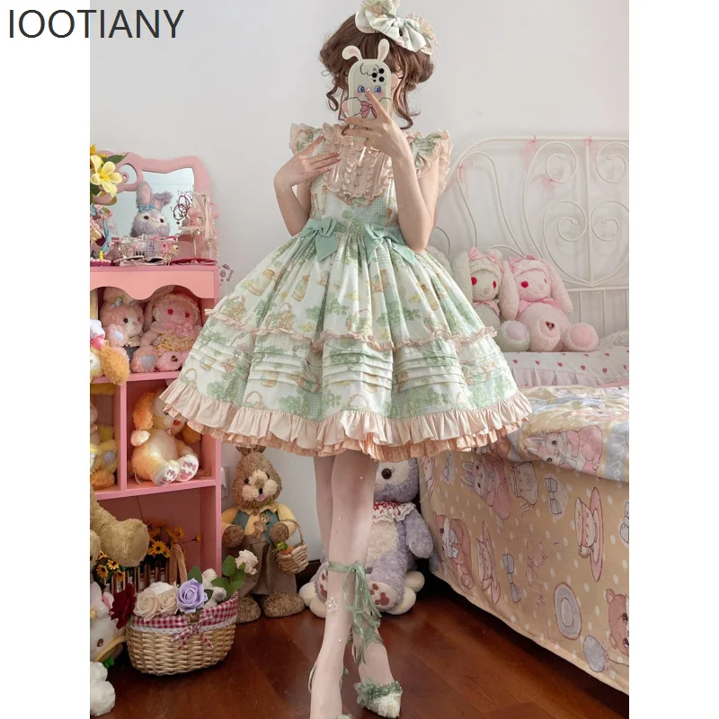 

Japanese Kawaii Lolita Dress Female Victorian Retro Ruffle Grape Print Bandage Bow Tail Princess Pastoral Style Party Mini Dress