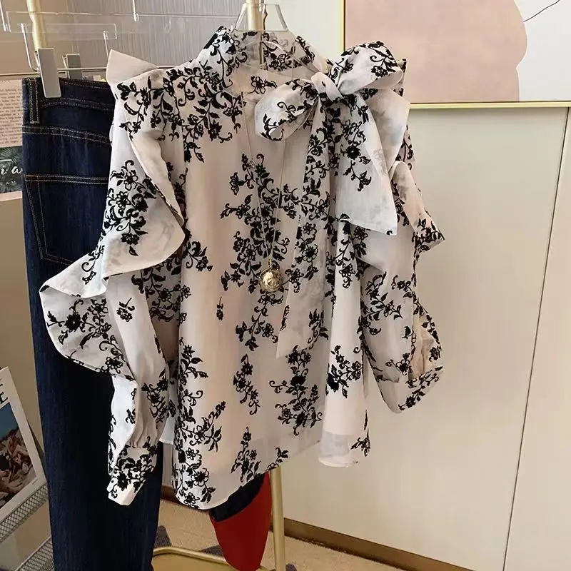 2024 Spring and Autumn Fragmented Flower Bow Tie with Ruffle Edge Shirt Top Women's Irregular Printed Shirt