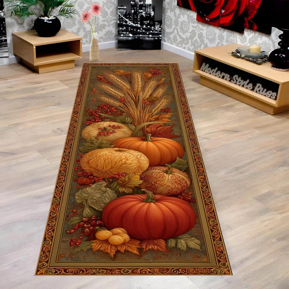 Retro Autumn Pumpkin Maple Harvest Floral Border runner rug cottage villa kitchen sunroom dining room floormat Halloween gift