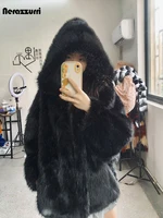 Hooded Shaggy Faux Fur Coat 11 Nerazzurri Autumn Winter Oversized White Black Warm Shaggy Hairy Faux Fur Coat Women with Hood Loose Casual Fluffy Jacket 2023 5