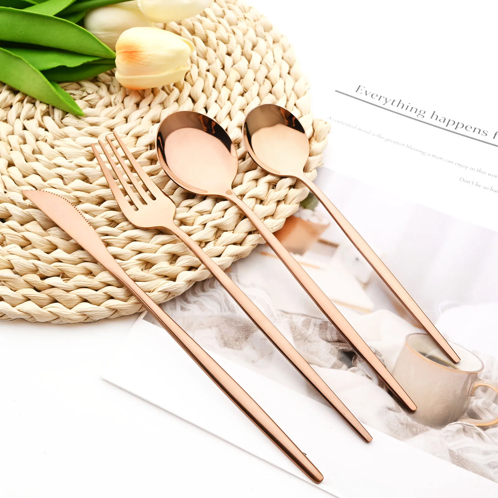 Drmfiy 12Pcs Rose Gold Cutlery Set Fork Knife Spoon Flatware Stainless Steel Dinnerware Set Lomg Ice Spoon Kitchen Set Tableware