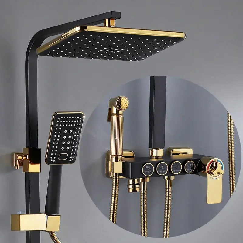 

Bathtub Faucet Hot Cold Bathroom Tap Thermostatic Square Bathroom Black Gold Shower Set