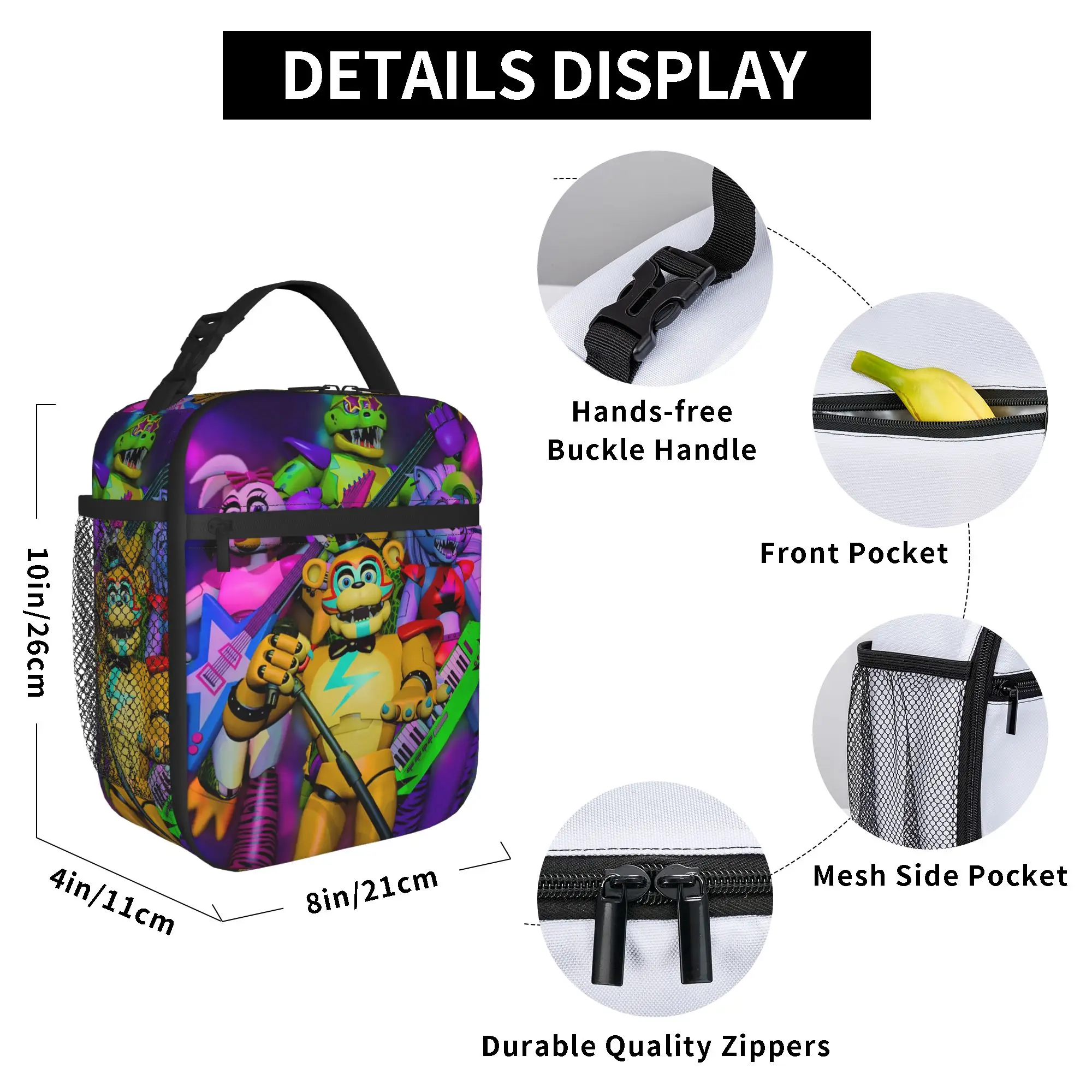 FNAF At Freddys Thermoisolierte Lunchtasche für die Schule, tragbare Cartoon-Lebensmitteltasche, Thermo-Kühlbox, Lunchboxen – Detail 5