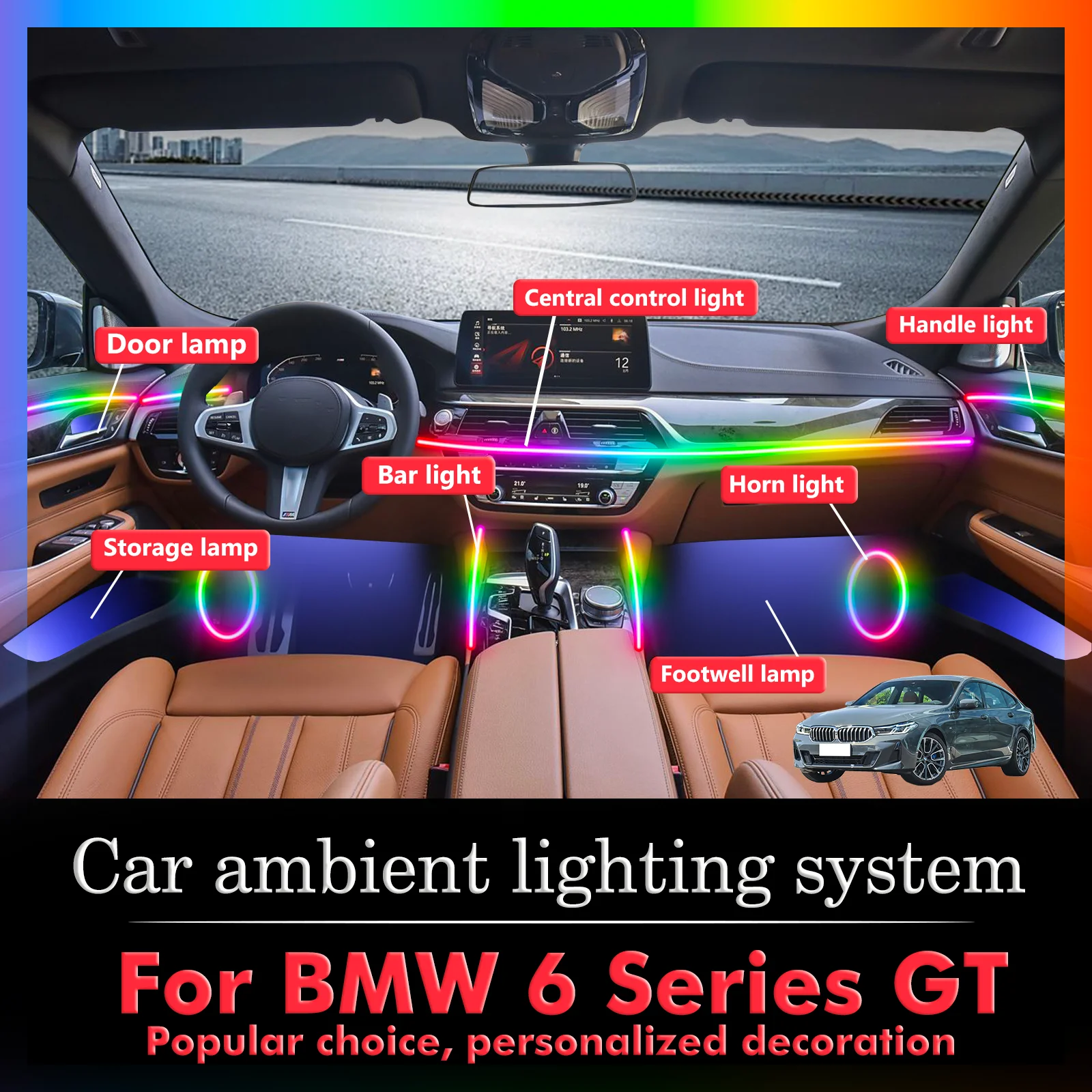 

For BMW 6 Series GT Smart Remote Control RGB 64 Colors LED Car Interior Ambient Light Energy Saving Efficient Lamp Kit