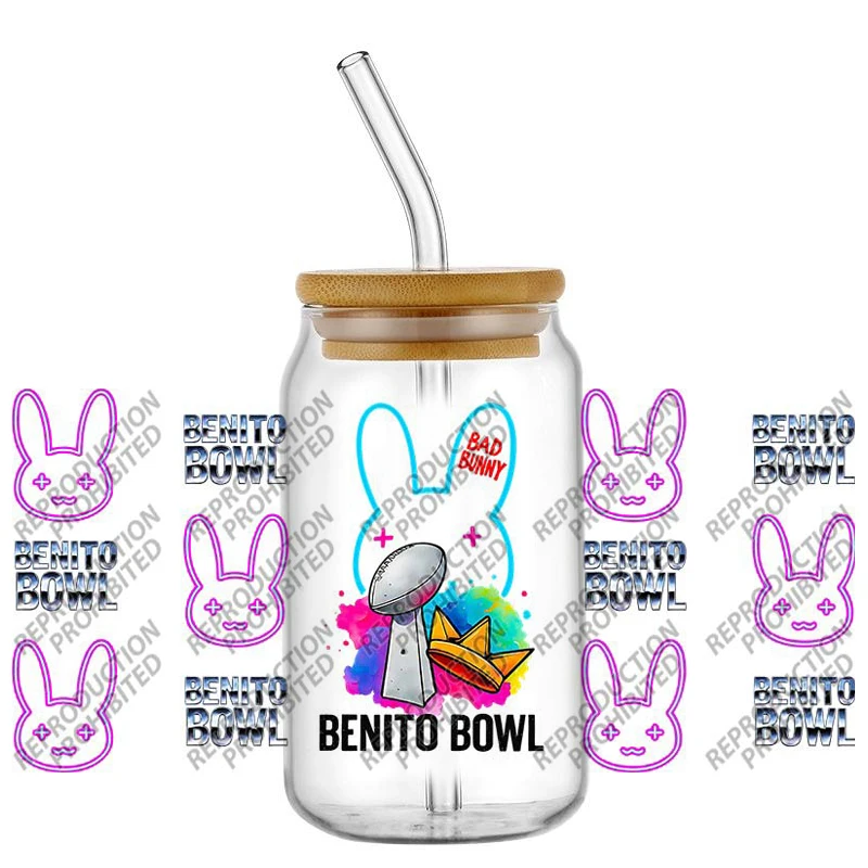 cartoon Bad Bunny design UV DTF For 16oz sticker Libbey Glass Plastic Can Wraps Selfadhesive Sticker Washable DIY cup Wraps