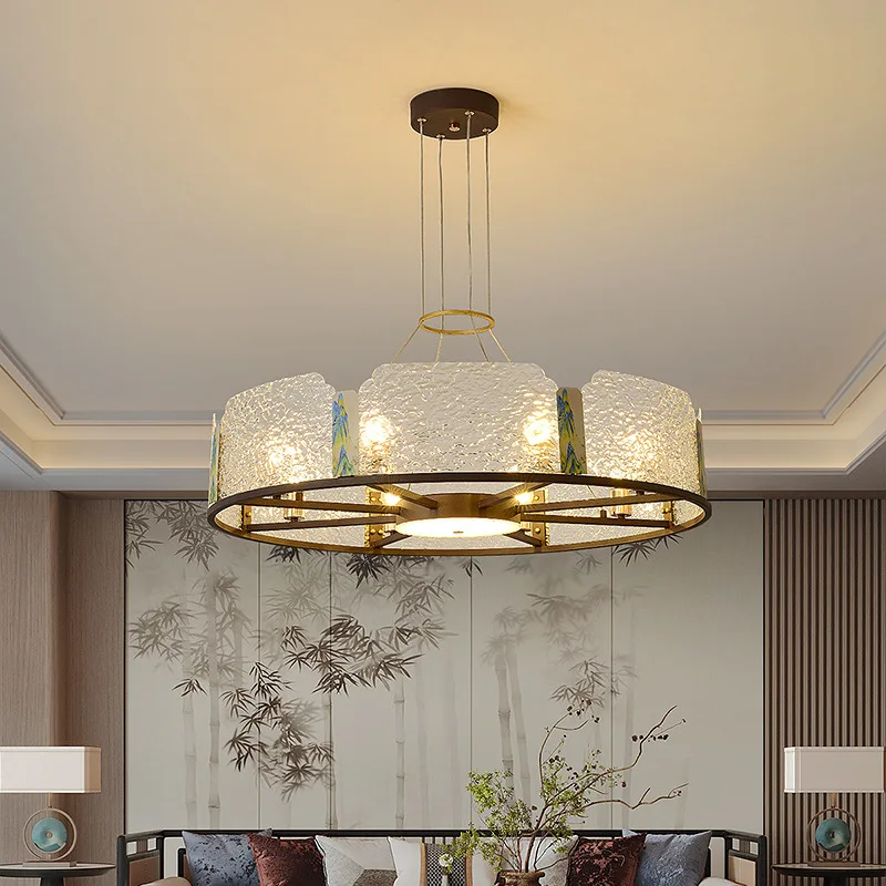 Modern Chinese Style Pendant Light For Dining Room Kitchen Table Round Coffee Color Hanging Lamp With Enamel Art Acrylic Shade