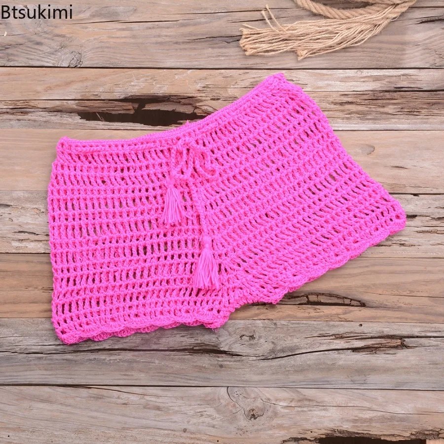 2025 Women's Summer Solid Color Handwoven Crochet Bikini Shorts Beach Swimming Pants Stretchable Strap Hollow Flat Corner Pants