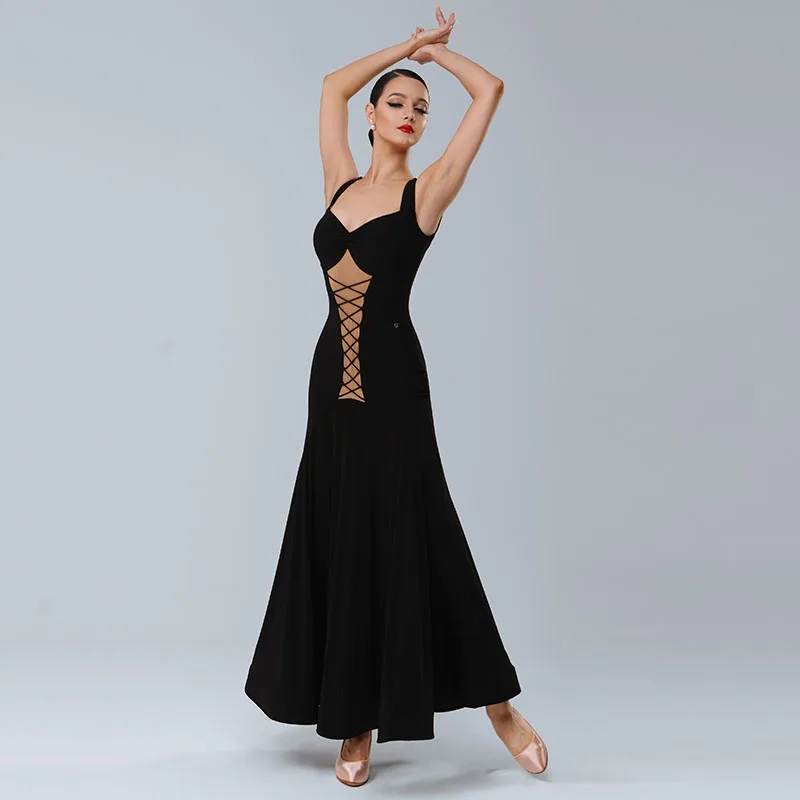 Standard-Tanzkleid für Damen, Walzer-Wettbewerbskleidung, schwarz, ärmellos, Performance-Kleider, Gesellschaftstanz, Bühnenkostüme 2415