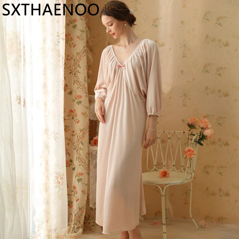 SXTHAENOO New Vintage Princess Loose Long Sleeve Nightdress V-neck Long Nightgown Sweet Robe Home Dressing Gown Winter Nightwear