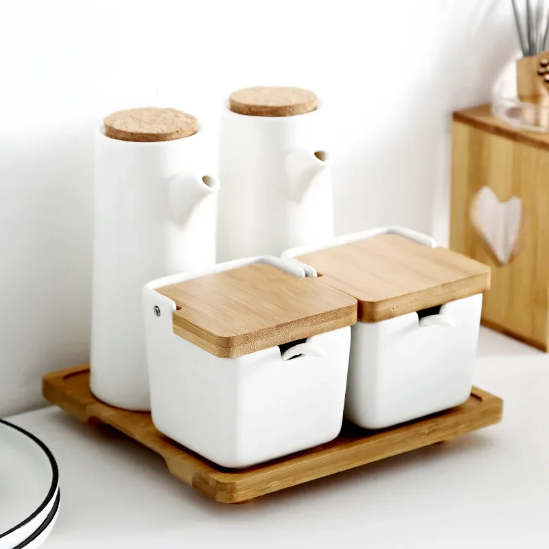 Contenedor de Almacenamiento de Cocina con Tapa de Madera, Tarro de Cerámica para Condimentos, Salero, Azucarero, Juego de Tarros de Cocina, Caja para Condimentos, Dispensador de Cereales para el Hogar