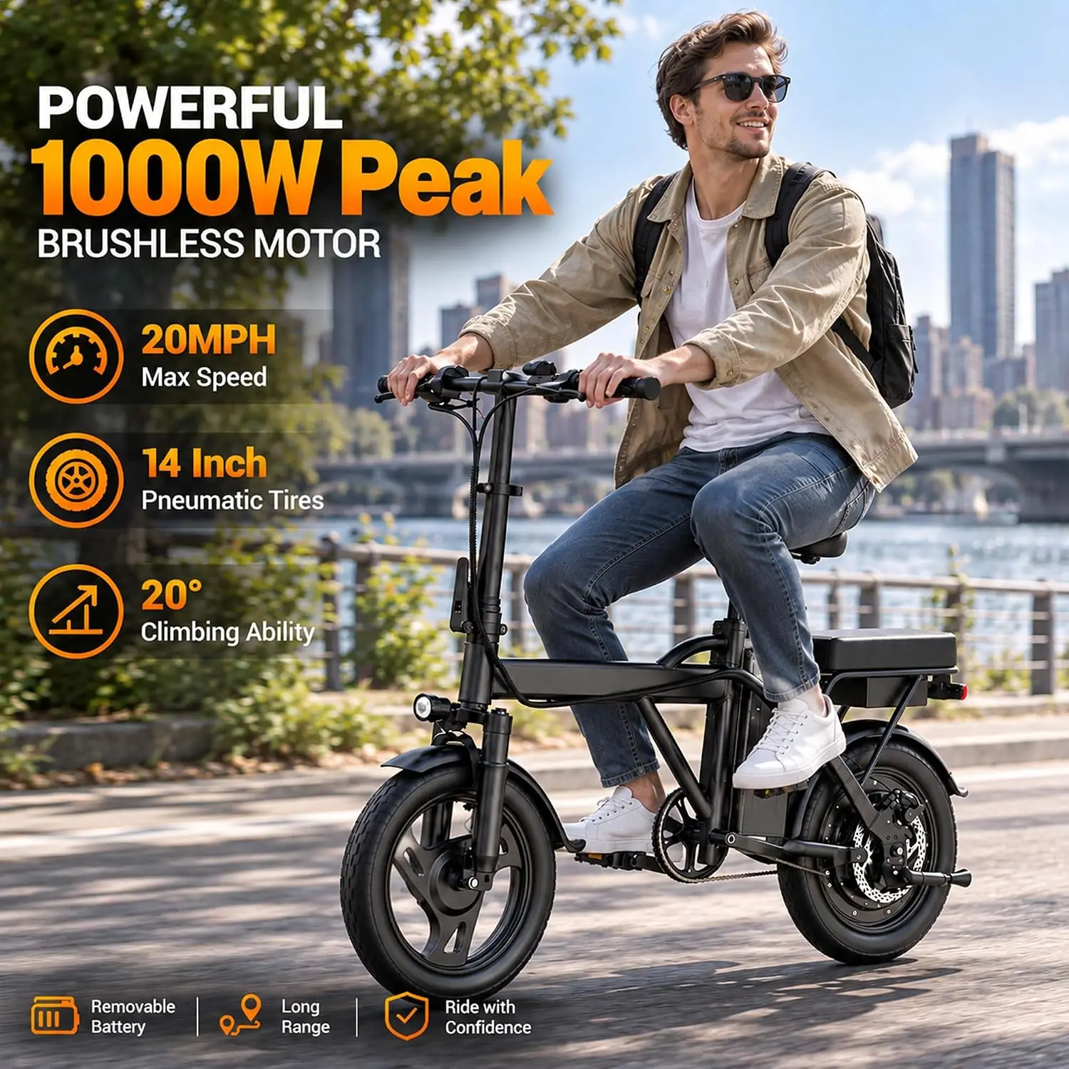 14 Inch Folding Electric Bike 1000W Peak Motor 20 MPH Speed, Customized