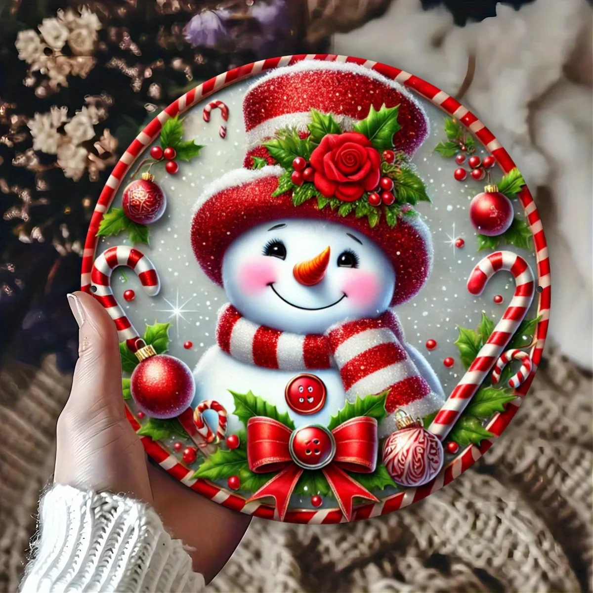 1 Stück, festliches Schneemann-Design, 20,3 x 20,3 cm rundes Eisen-Metallschild, flache Druck-Wandkunst, für Bar, Café, Club-Dekoration, Künstlerbedarf, Cra