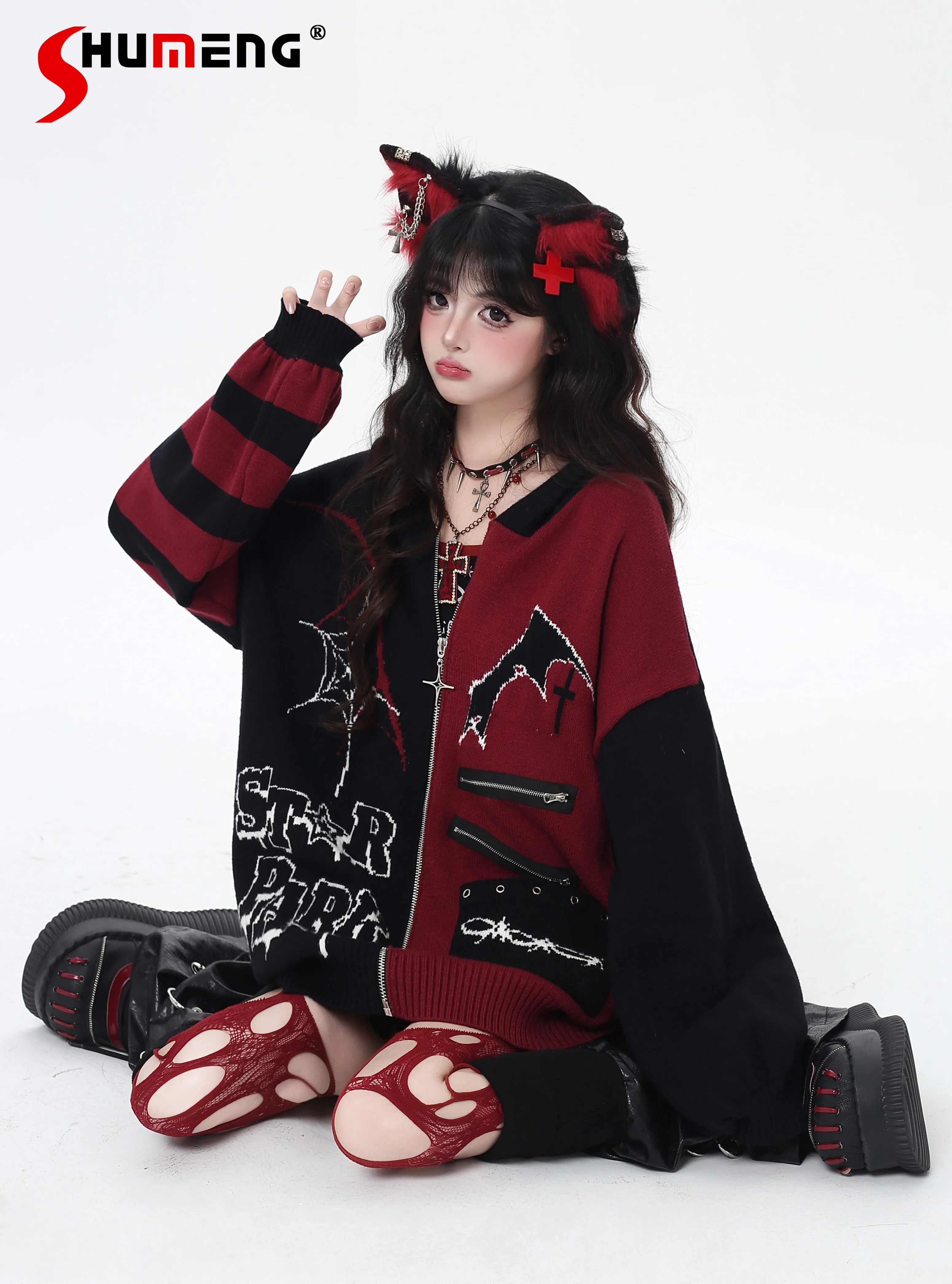 

Original Sweet Cool Fashion Black and Red Knit Cardigan Autumn 2025 Women's Subculture Gothic Letter Embroidery Y2k Knit Jacket