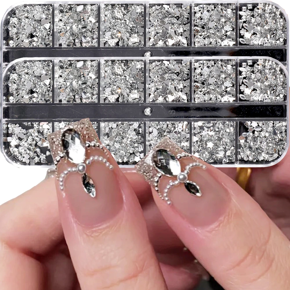 12 グリッドマルチサイズ AB クリスタルネイルラインストーン平底クリスタルクリアダイヤモンド宝石 DIY ネイルアート装飾ストラスストーン