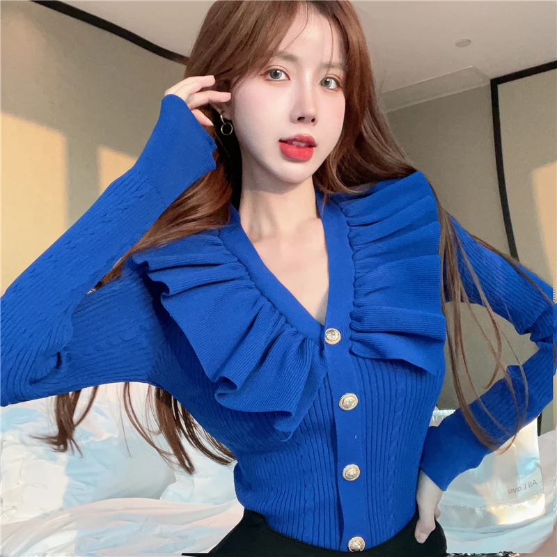 Ruffles V Neck Sweater Cardigan Women Full Sleeve High Stretch Knit Sweaters Shirts For Slim Girls Autumn Winter