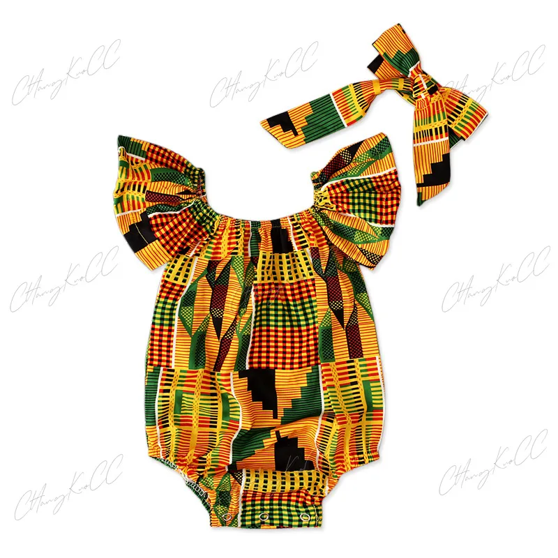 Cute Children African Jumpsuit Clothes For Baby Girl Summer Long sleeve Romper Ruffle Bodysuit Jumpsuit+Headhand Toddler Outfits