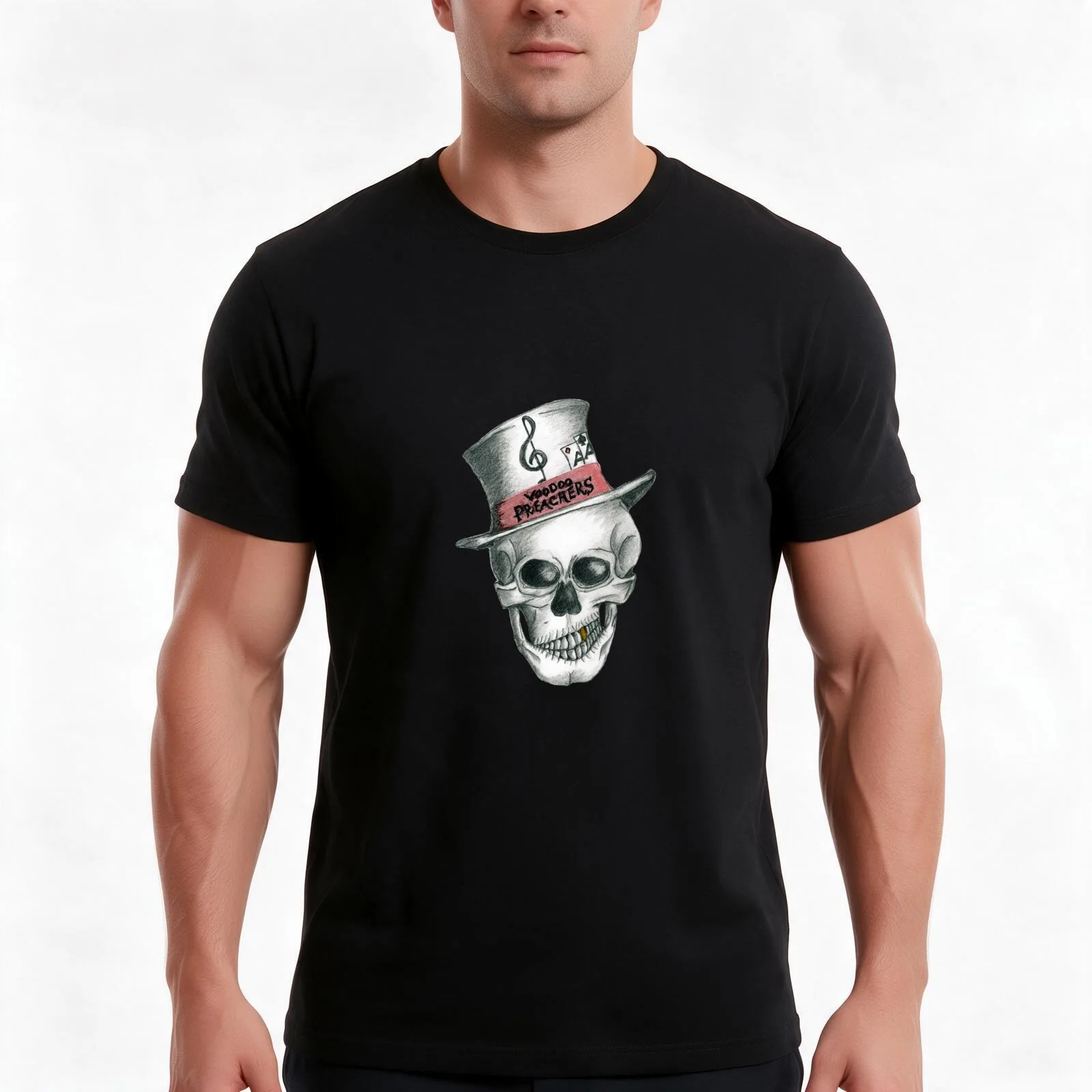 Voodoo Preachers Skull Guy T-Shirt, Summer Casual Cotton Tee, Oversized Streetwear Tops, Vintage Graphic Print, Unisex Men Women