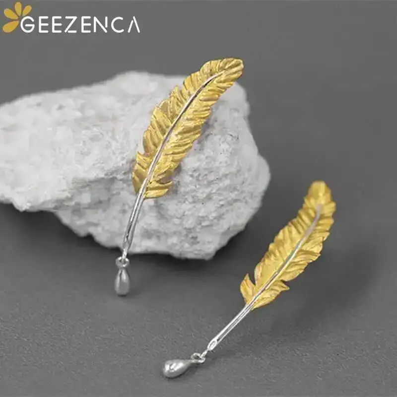 GEEZENCA 925 Sterling Silver Two Tone Quill Pen Ink Earrings For Women Vintage Artistic Unique Chic Earring 2024 New Party Gift