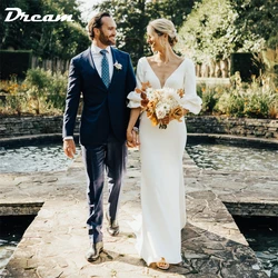 DREAM Customized Solid Crepe Mermaid Wedding Dress Women Half Sleeeves V-Neck Long Bride Gown Sweep Train Backless Dress 2025