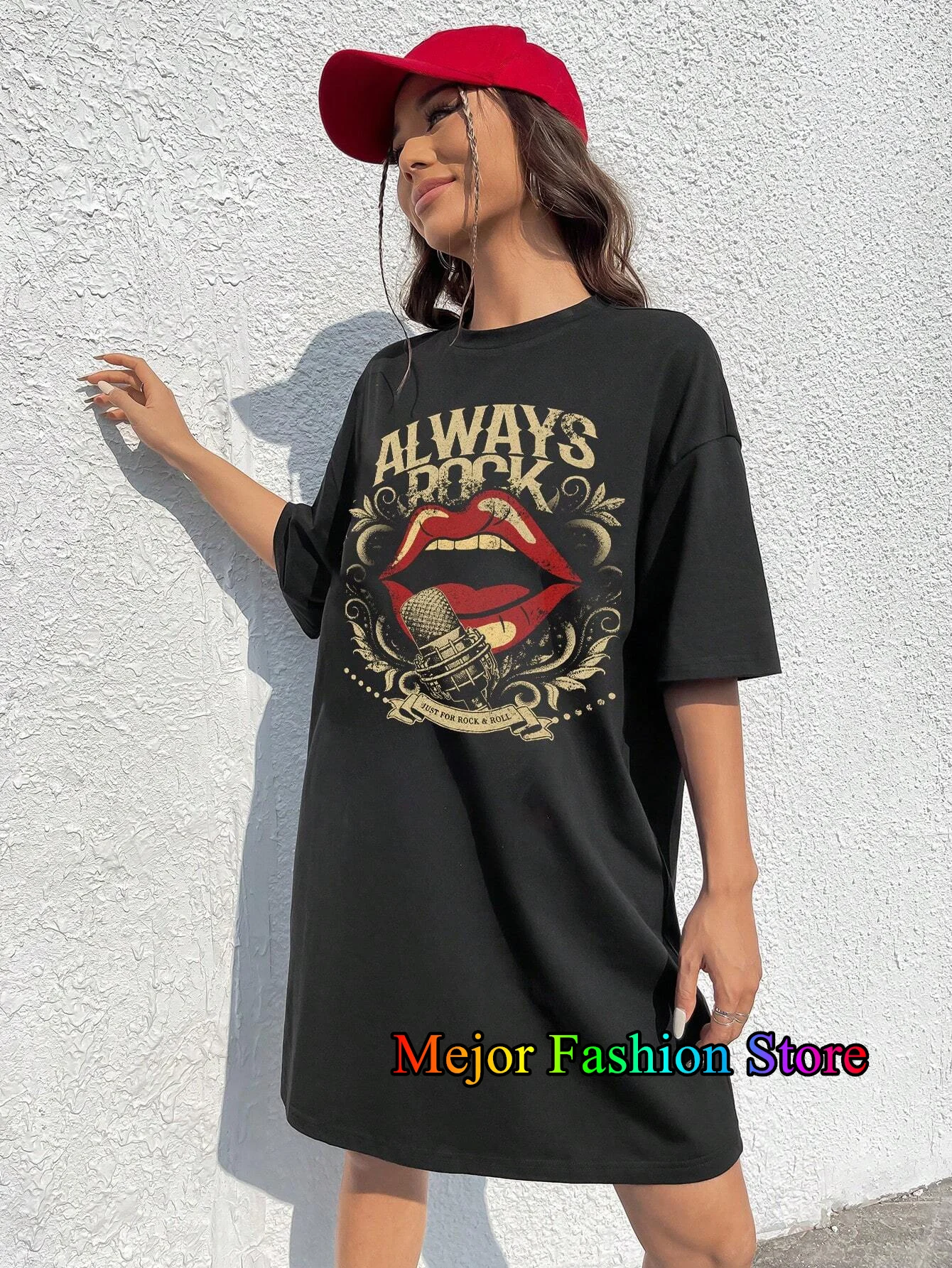 夏新常にロックヴィンテージ赤い口紅マイクプリント女性半袖 Tシャツドレス無地ルーズファッションドレス