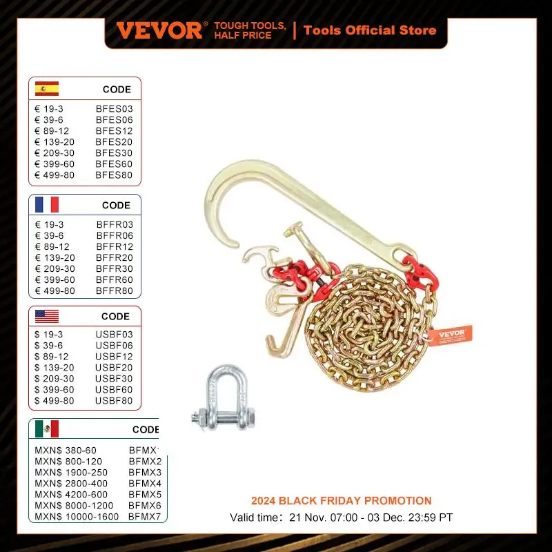 VEVOR G80 J Hook Chain Long Shank Towing Chain with RTJ Cluster Hooks & Grab Hook Transport Truck Chains for Trailer Recovery