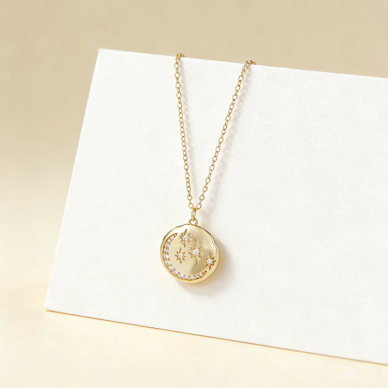 

Ожерелье FULSUN с подвеской в виде монеты, луны и звезды с фианитами, из стерлингового серебра 925 пробы с позолотой 14K, регулируемое, женское украшение