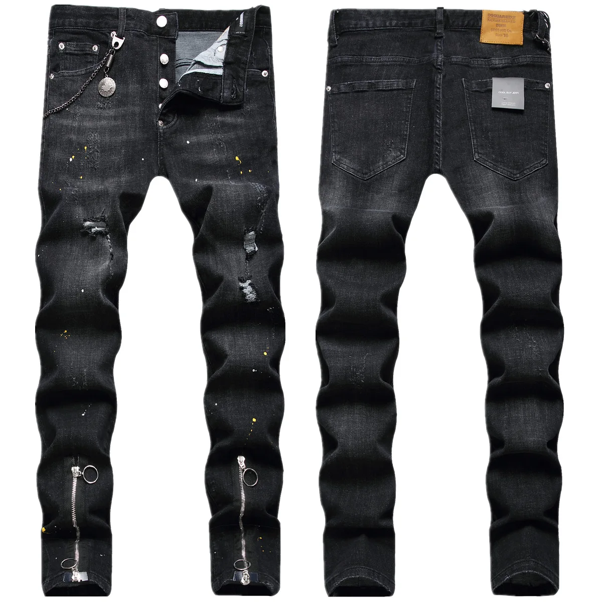 

2022 New Italian Fashion Black Pant Feet Double Pull Top Zipper Decorative Paint Hanging Decorative Elastic Jeans Male