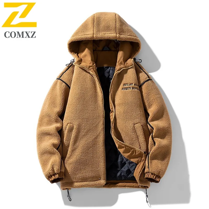 COMXZ Giacca in pile da uomo 2025 Giacca giapponese con cappuccio tinta unita calda da sci per il tempo libero Giacca da pane Passeggiata quotidiana Cappotto imbottito ampio taglie forti