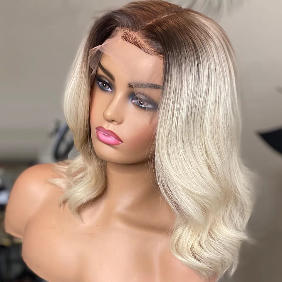 

Honey Blonde Short Wavy Wig for Women Lace Front Bob Style Synthetic Wig Dark Roots Heat Resistant Free Part Everyday Hairstyle