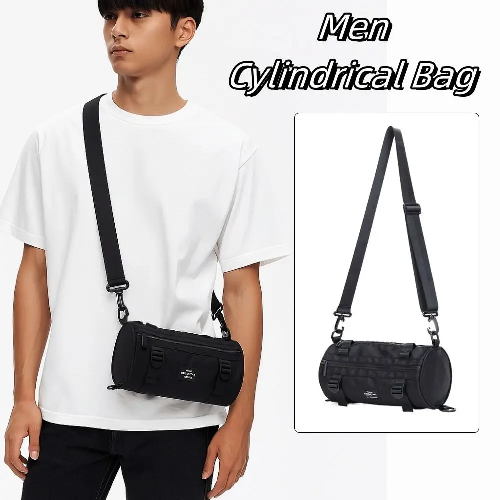 

Solid Color Men Cylindrical Bag Large Capacity Multifunctional Canvas Crossbody Bag Zipper Wide Strap Simple Shoulder Bag Daily