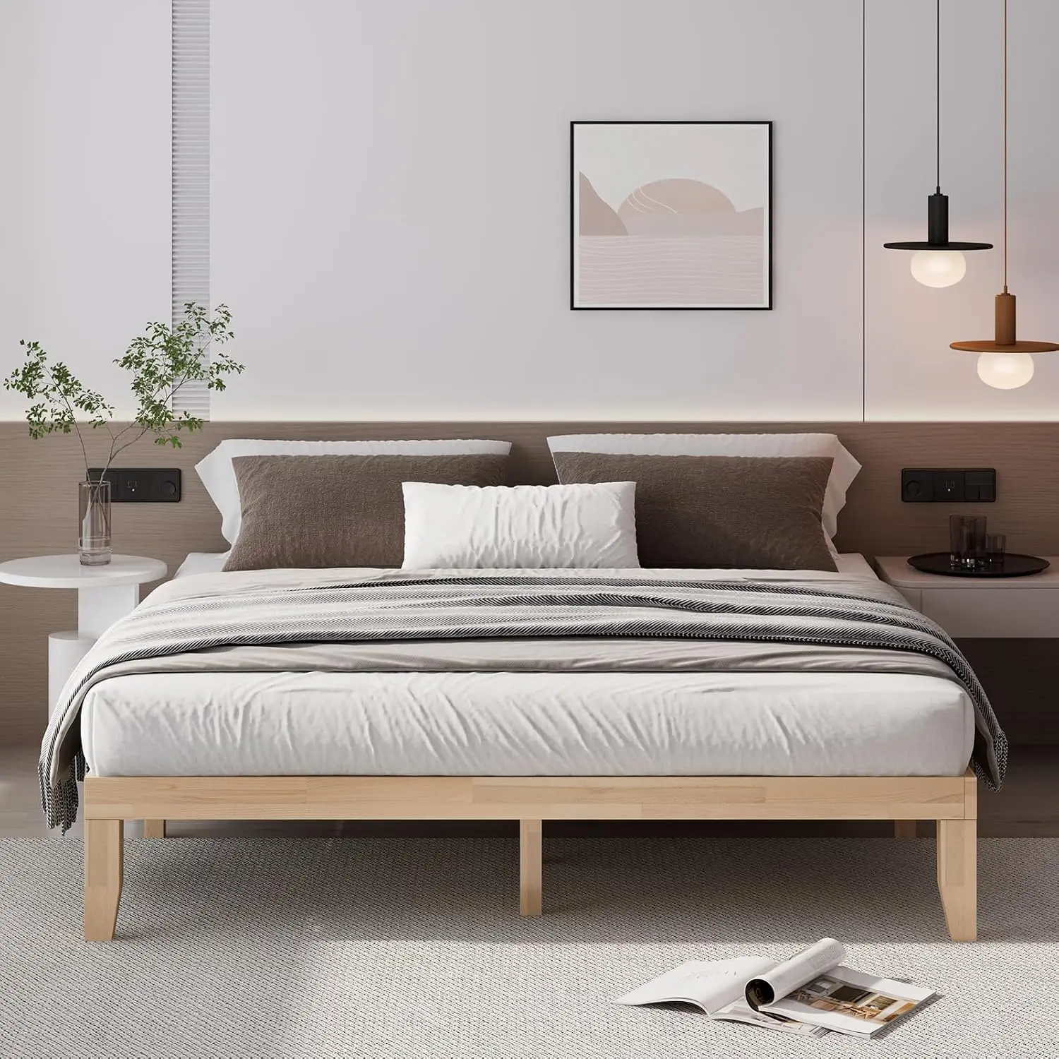 King Wood Platform Bed Frame 14 Inch Solid Rubber Wood Slats Support No Box Spring Natural, Customized