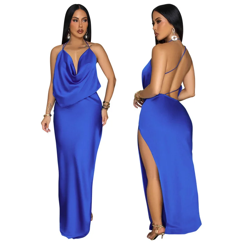 

New 2025 Sexy Backless Deep V Neck Women Night Club Long Dress Side High Split Summer Solid Evening Party Dress Ladies Cocktail