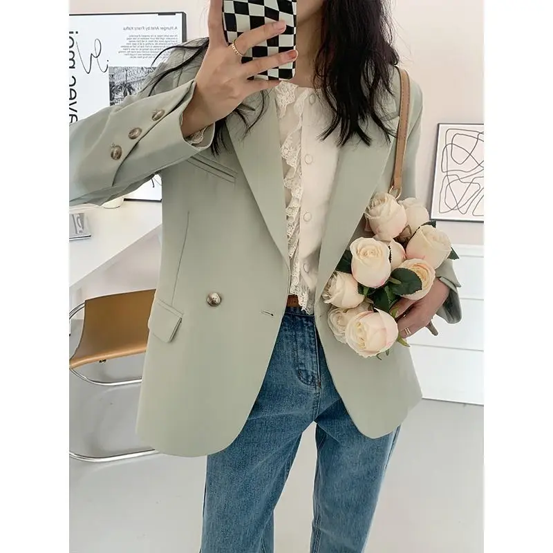 ロングブレザー 女性用 ジャケット Oネック カラーブロック袖口 ホリデー ソリッドカラー 袖ボタン イブニング ビューティーブルー グラデーション ボタン付き