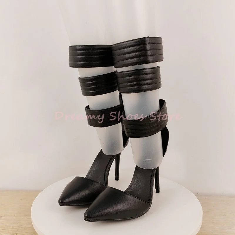 

Black Multi-Layer Wrap Strap Pointed Toe Sandal Boots Women Leather Cover Heel Stiletto Mid Calf Boots Sexy Trendy Party Shoes