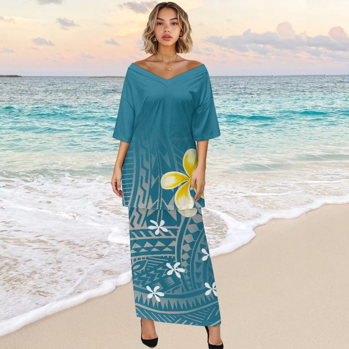 Conjunto de vestido de fiesta Tapa con tatuaje Tribal polinesio Puletasi samoano, media manga, cuello en V y hombros descubiertos, conjunto de vestidos de la Isla del Pacífico