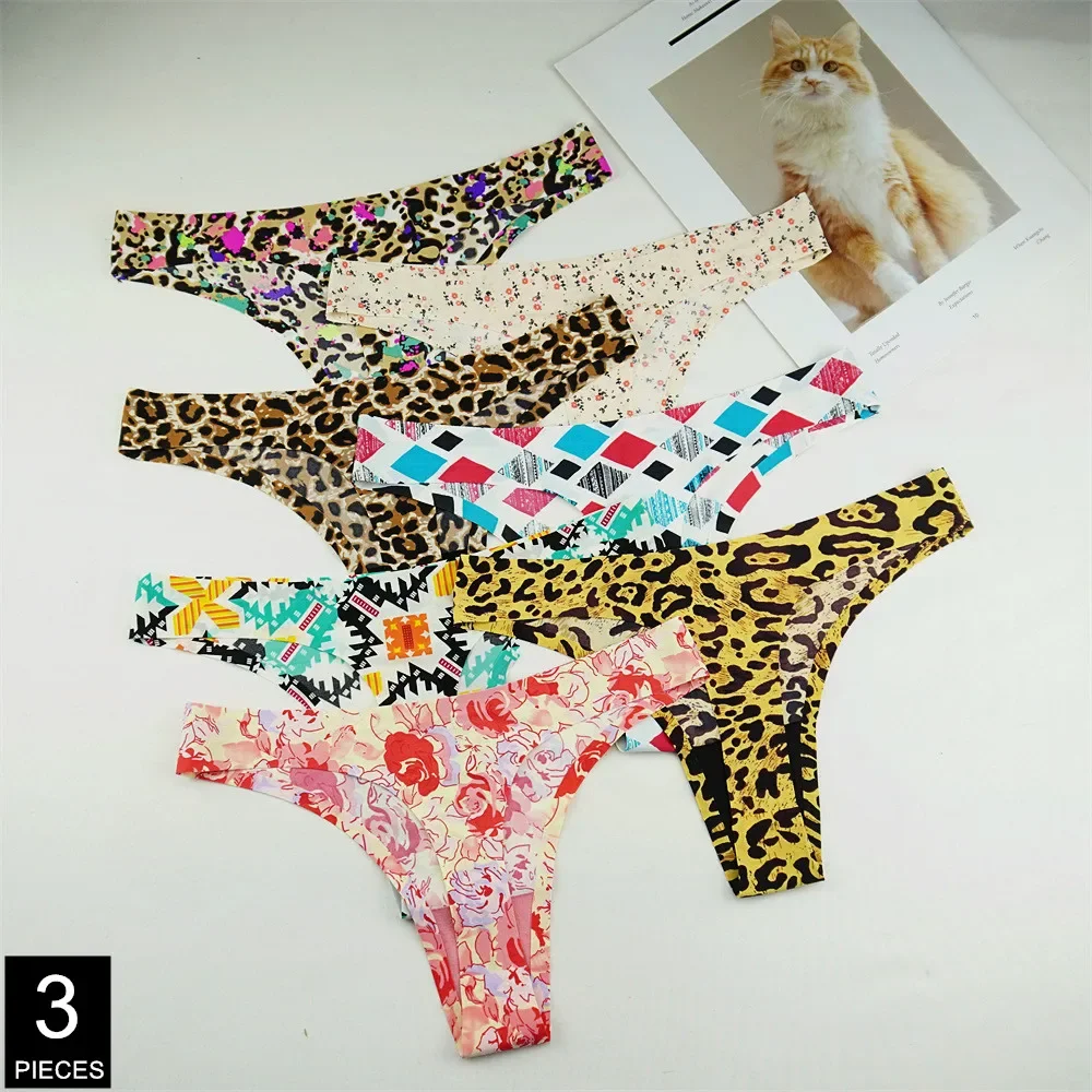 3 قطعة الحرير الجليد المطبوعة ثونغ مثير النساء سراويل سلس ليوبارد الملابس الداخلية السيدات لينة منخفضة الارتفاع سلسلة الملابس الداخلية #1